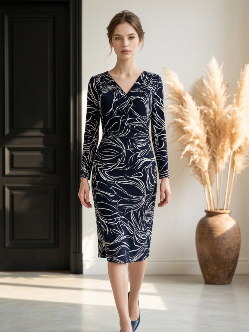 Lauren Ralph Lauren Navy White Abstract Print Faux Wrap Dress Size 8